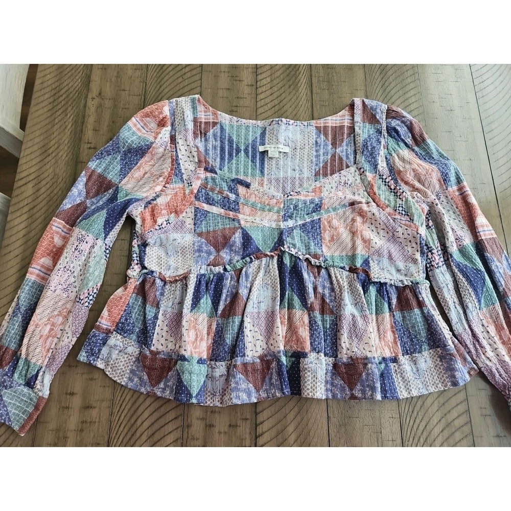 American Eagle Blouse M Pink Patchwork Babydoll Cropped Boho CottageCore Gauzey - Picture 12 of 14